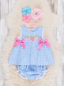 Gingham Embroidered Strawberries 100% Cotton Bloomers Outfit