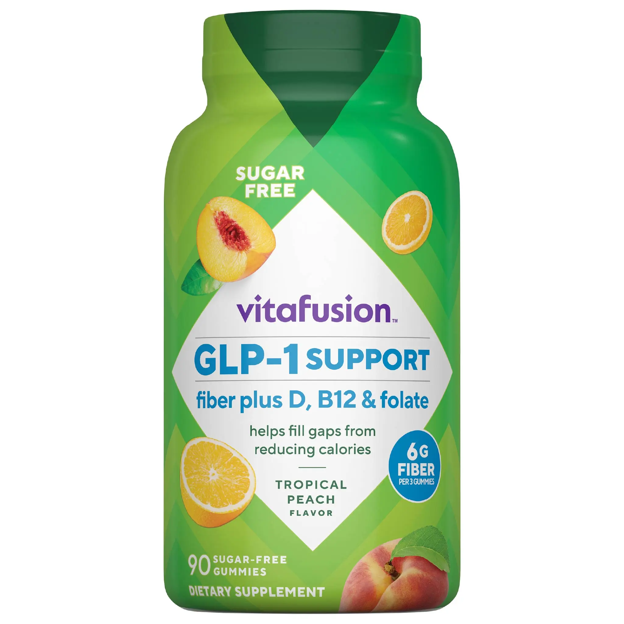 Vitafusion GLP-1 Support - Fiber plus D, B12 & Folate - Tropical Peach Flavor - 90 Sugar Free Gummies