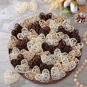36 count Neutral Valentine's Day Heart Ornaments Boho Rattan Wicker Hearts 2.36 Inch Rustic Primitive Valentine Vase Bowl Fillers Farmhouse Valentines Decorations for Tree  Table Crafts
