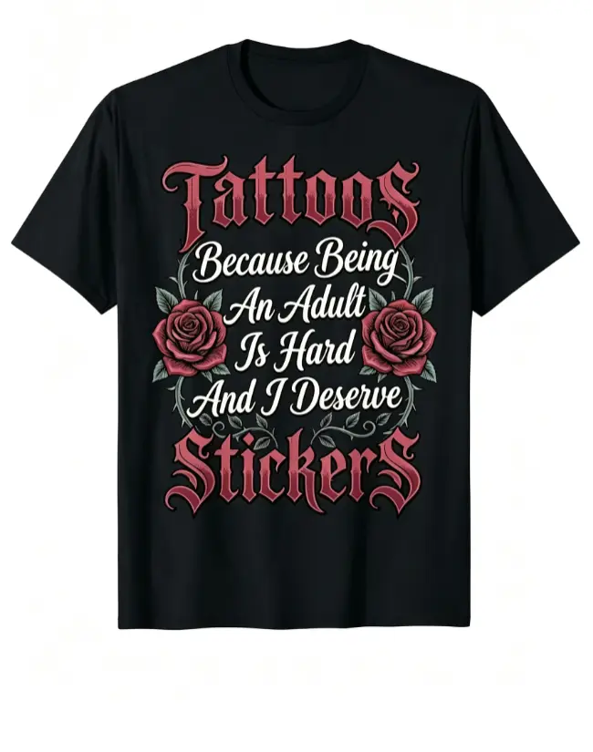 Funny Tattoo Humorous T-Shirt - "It's really hard to get a tattoo when you're an adult". Retro print T-shirt with a round neck, suitable for adults, can be machine-washed, and is ideal for parties and everyday outfits. cotton tee meme