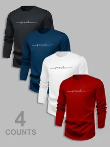 Men's Classic 4-Piece Set Letter Pattern Print Versatile Base Layer, Men's Basic Long Sleeve T-Shirt Fitted Casual Top, Fall & Winter Fashion