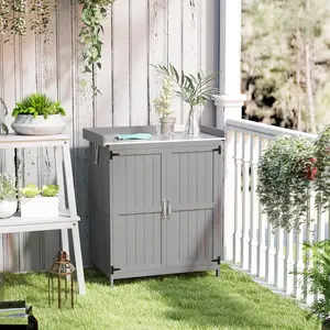 Outdoor Storage Cabinet Garden Tool Shed with Metal Tabletop and Shelf Wooden Potting Bench with 2 Doors Gray 29.1" W x 16.9" D x 34.6" H