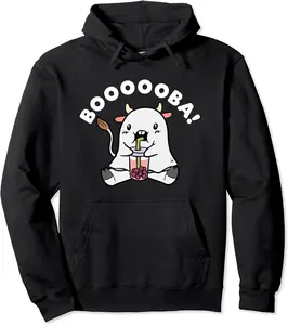 Kawaii Ghost Cow With Boba Tea Costume For Halloween Party Pullover Hoodie - Williamze Shop 65B09FT9VN3F