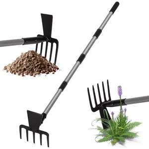 Walensee 2 in 1 Hoe Garden Tool, 63 Inch Garden Hoe Cultivator and 5-Tines Rake with 37-63 Inch Adjustable Long Handle, Grass Pulling Tools Hand Tiller for Yard Lawn Flower Beds Planting Gardening Digging