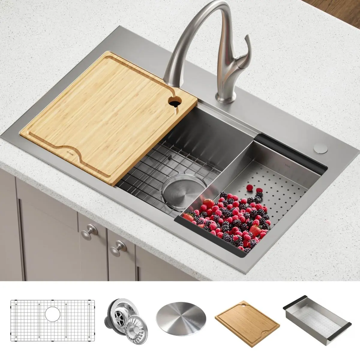 212 MAIN KRAUS Kore™ Clutter-Free Drop-In Single Bowl Stainless Steel Workstation Kitchen Sink, 32-in with Integrated Ledge, 5-Piece Accessories Pack, Modern Kitchen Fixture Accessory, Modern Kitchen Fixture Accessories