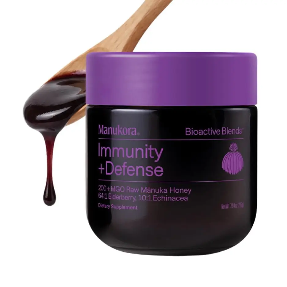 Manukora Immunity + Defense Blend - Elderberry, Echinacea, Mint & Manuka Honey for Adults & Kids 4+ - Daily Immune + Throat Support Supplement - 225g