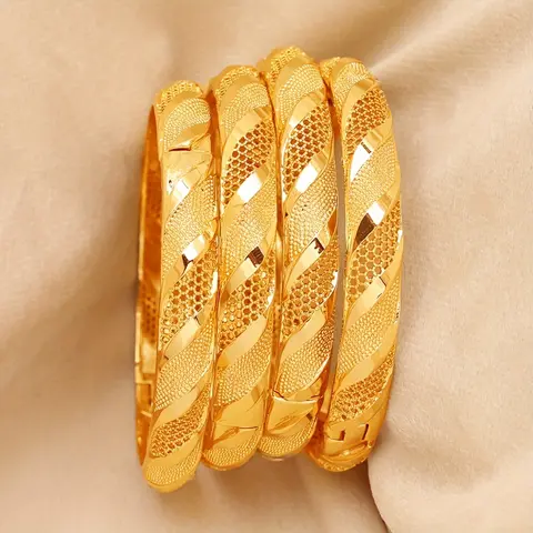 Women's 4-Piece Dainty Gold-Plated Copper Beaded Hollow-Out Open Bangles - Elegant Fashion Accessory, Alloy Arm Jewelry, Ethiopian Popular Design, Suitable for Daily Wear, Banquets
