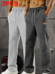Set of 2 men’s new all-season casual jogging pants—classic straight-leg, versatile athletic pants made from comfortable fabric; suitable for students, leisure outings, commuting, and jogging/exercise.