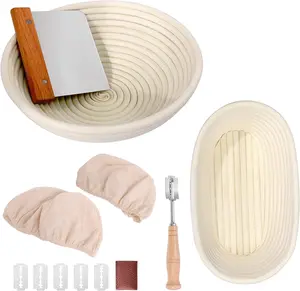 Bread Proofing Basket Set 9.6 Inch Oval and 10 Inch Round Natural Rattan Proofing Baskets with Bread Lame and Dough Scraper and Linen Liner Bread Making Tools for Professional and Home Bakers