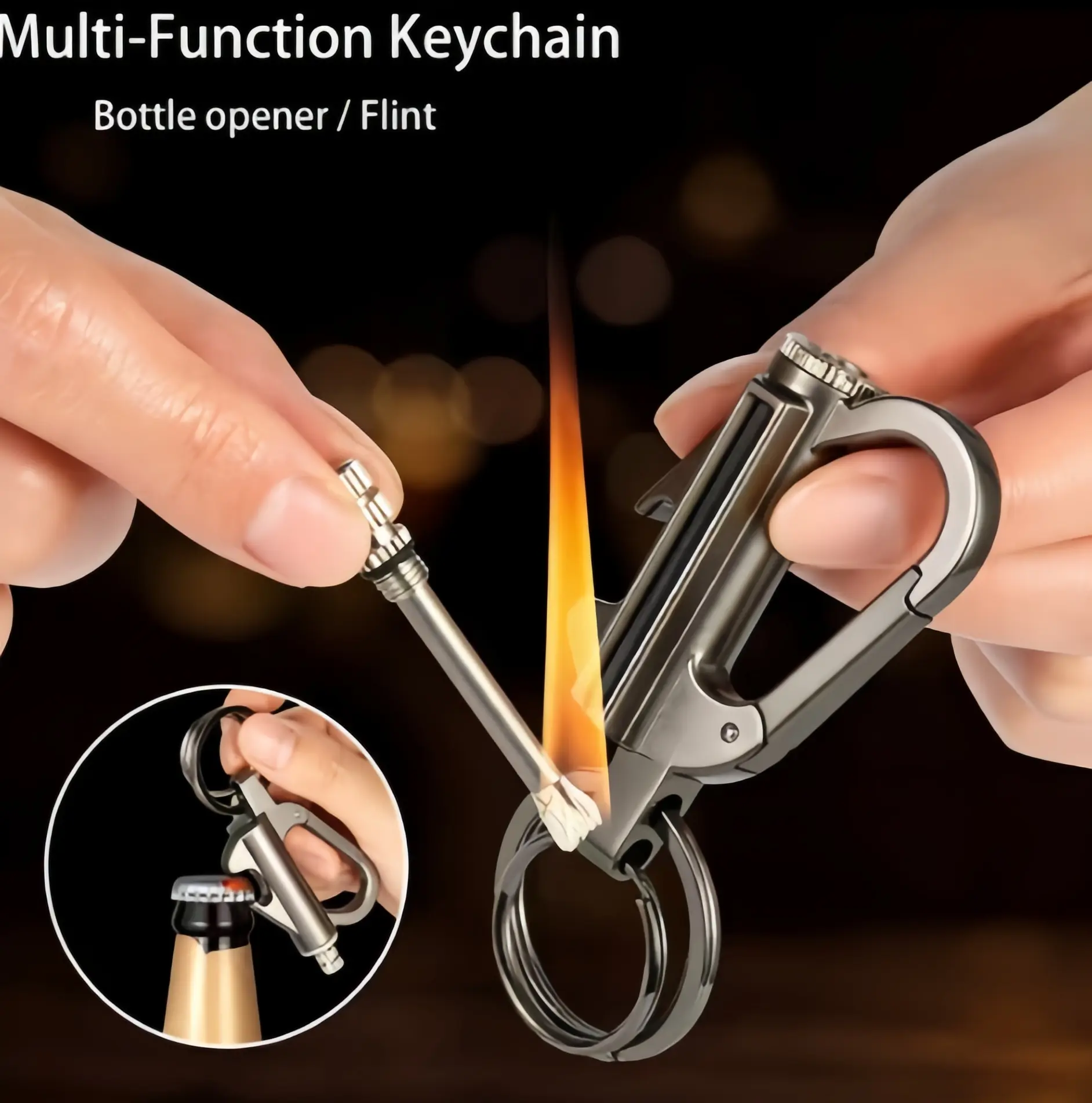 Metal Bottle Opener Keychain with Permanent Match Lighter - Heavy Duty EDC Key Chain, Practical Small Gift for Men Dad Husband Everyday Carry