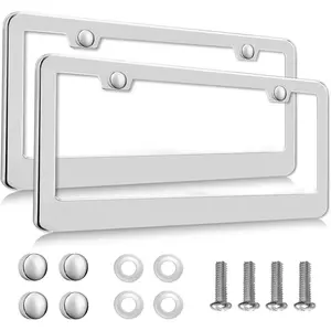 2 Pack Silver License Plate Frames, 2 Holes Rust-Proof Chrome License Plate Holder, Lengnoy Universal Car Stainless Steel Polish Mirror License Plate Cover for Women Man with Screws Caps