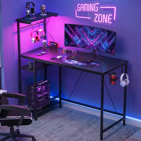 GTplayer Stable Durable 43-in Wood Classic Gaming Desk - Adjustable Laptop Desk (43.31"w x 23.62"d), LED Light, Power Outlet, Shelf, Storage Bag, Hook, Assembly Required - for Bedroom Home Office Dual Monitor Setup