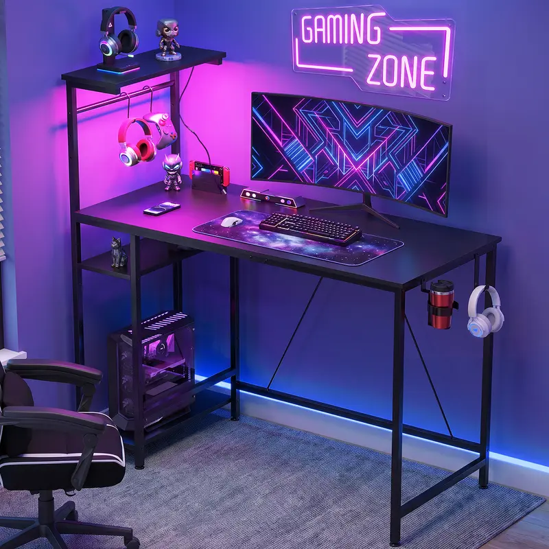 GTplayer Stable Durable 43-in Wood Classic Gaming Desk - Adjustable Laptop Desk (43.31"w x 23.62"d), LED Light, Power Outlet, Shelf, Storage Bag, Hook, Assembly Required - for Bedroom Home Office Dual Monitor Setup