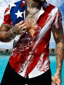 US Flag Pattern Short Sleeve Shirt, Casual Printed Men's Summer Trendy Top, Beach Lover, Tropical, Menswear