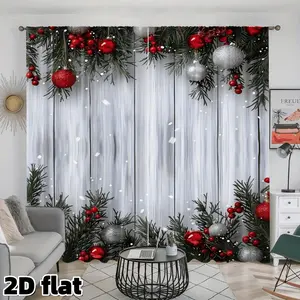 2D Flat 2Pcs Christmas Ball Pine Branch Digital Print Curtain Panel Semi Sunshade Holiday Theme Pole Pocket Design Polyester Fiber Suitable for Home Decoration, Window Decorations Supplies