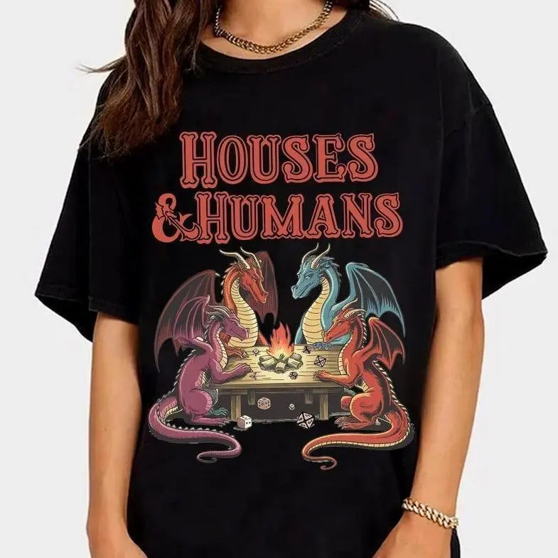 Unisex 100% Cotton Houses & Humans Dragon Playing Dice T‑Shirt, Retro Dungeons and Dragons Loose Fit Short Sleeve Tee for Men Women