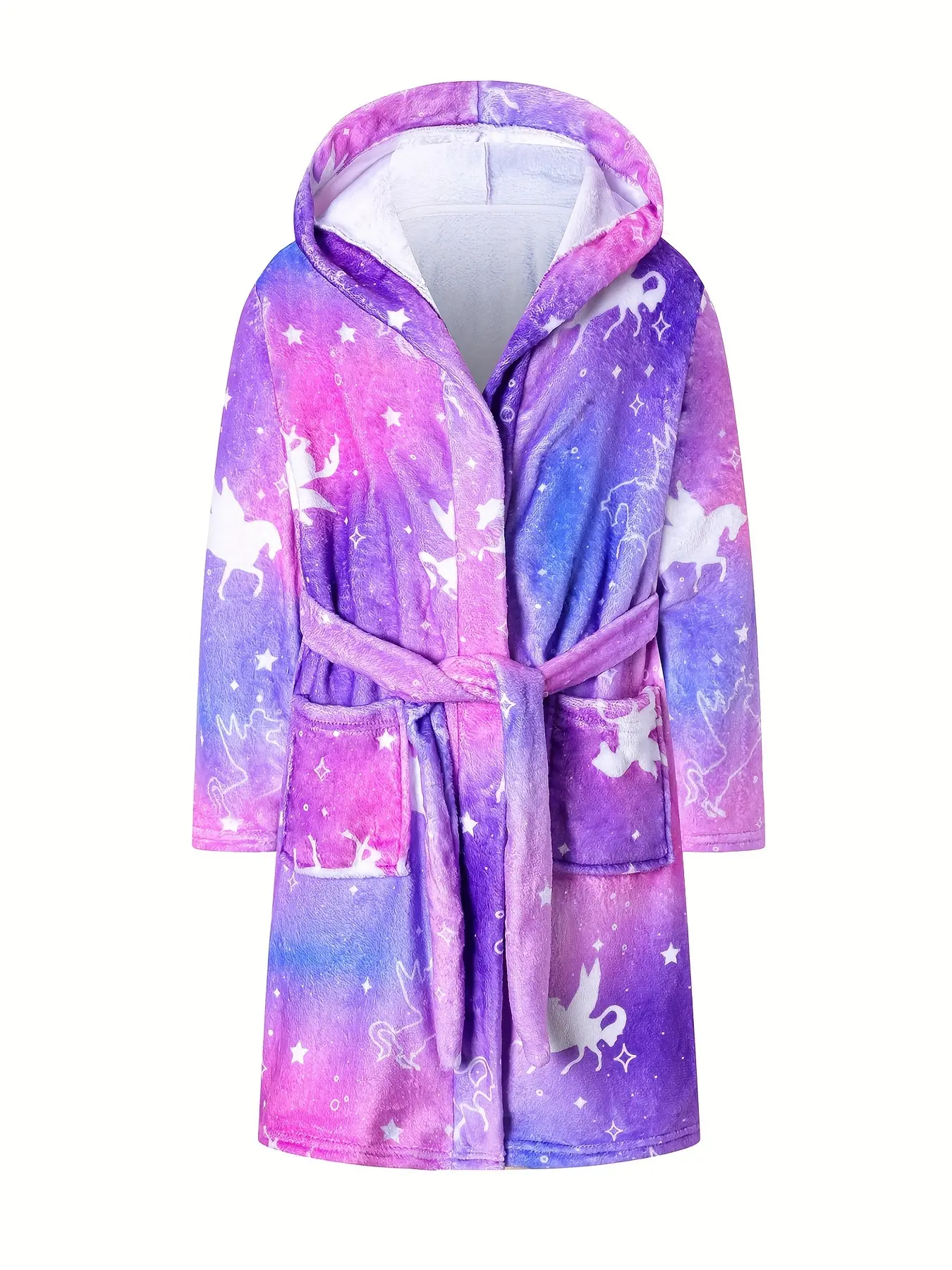 Kids Pegasus Unicorn Bathrobe - Cute Purple Pink Galaxy Hooded Fleece Robe, Ultra Soft Plush Flannel Warm Sleepwear Loungewear with Pockets and Waist Belt, Perfect for Bath Shower Pool Beach Spa, Cozy Celestial Nightwear Pajamas Magical Holiday Gift