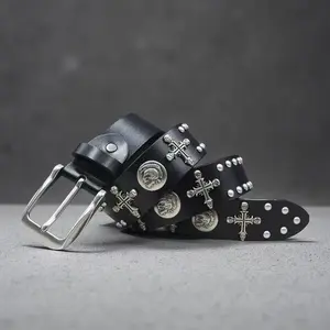 Genuine Leather Western Belt Vintage Studded Design with Skull Conchos