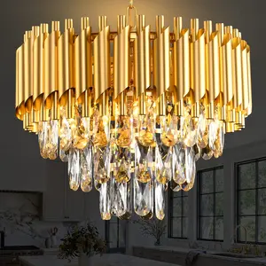 Modern Gold Crystal Chandelier, Luxury 3-Tier K9 15.7-Inch Pendant Light, E12 Base Fixture for Dining Room Living Room Kitchen Island Bedroom Hallway, Bulbs Not Included