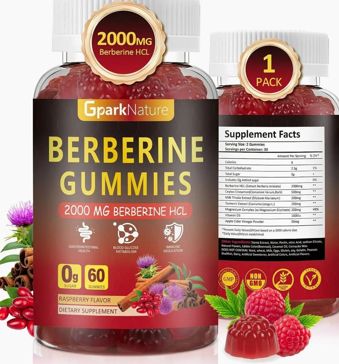 Berberine Gummies 2000 mg, Berberine Supplement with Ceylon Cinnamon, Turmeric, Milk Thistle, Magnesium, Chromium for Immune Support, Sugar Free, Vegan, Raspberry Flavor, 60 Count-1 Pack