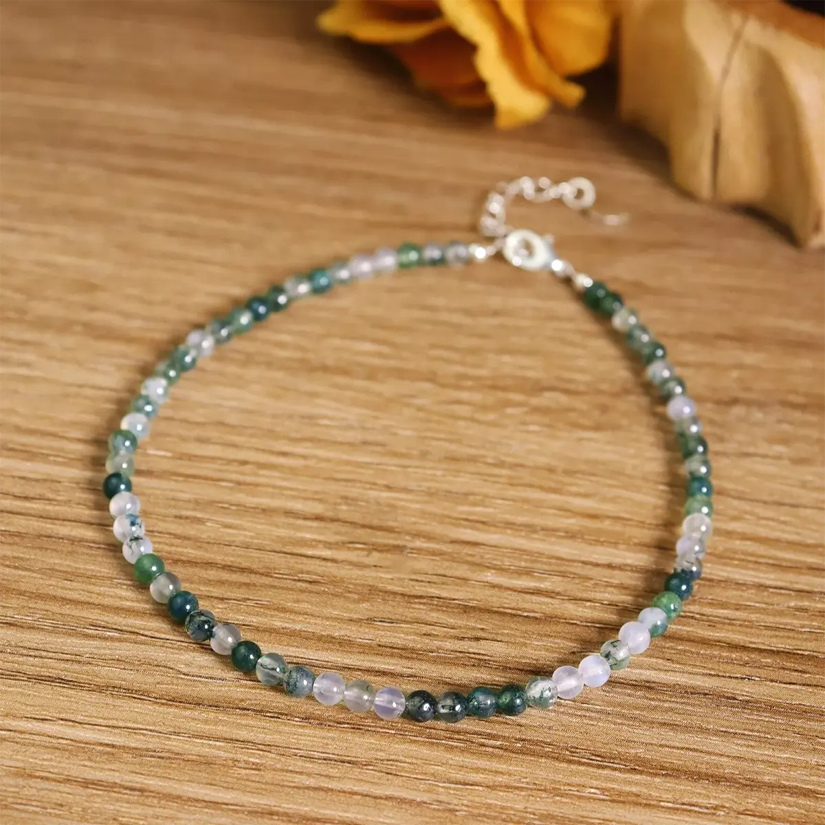 Women's Handmade Moss Agate Ankle Bracelet - Agate Beads Anklets, 8.5+2in Dainty Crystal Boho Jewelry Gift