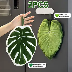 2-Pack Coral Fleece Hand Towels with Hanging Design, Soft Absorbent Leaf Hand Towels Quick Dry for Bathroom Kitchen Dining Room Home Decor