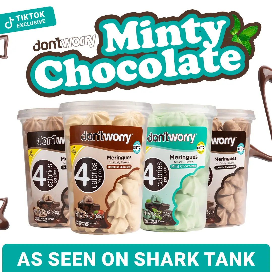 Don't Worry | Minty Chocolate Meringue Cookies| 4 Calories  per Piece | Gluten Free | Buy 3 Get 1 Free | Shark Tank | Hazelnut Chocolate, Mint Chocolate and Double Chocolate