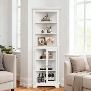 Garvee Corner Storage Cabinet, 65" Tall Freestanding Bookcase with Glass Doors & Adjustable Shelves, Farmhouse 5-Tier Corner Display Cabinet for Living Room, Bathroom