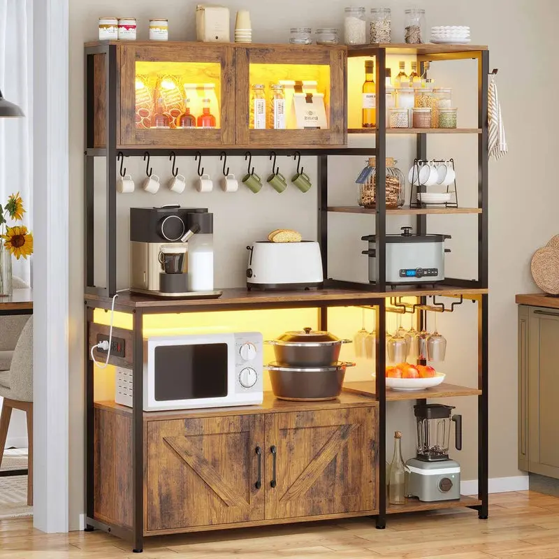 Sikaic Farmhouse Coffee Bar Cabinet with Power Outlets, LED Light, 3-Tier Baker's Rack, Storage Shelves, Cup Holders - 3-Tier Design for Storage Organization, Ideal for Kitchen, Home Bar, Three Tier Design