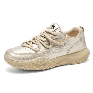 Women's Casual Lace Up Sneakers Metallic Finish Embossed Detail Textured Thick Sole Comfort Everyday Casual Footwear girl Sports Shoes Runner Athletic Closed Running Trainer