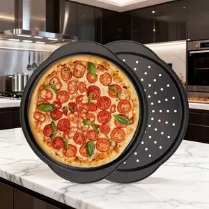 14.57 Inch Carbon Steel Pizza Pan with Non-Stick Coating and Vent Holes, Nonstick Baking Tool, Professional Round Baking Tray for Home & Restaurant Ovens