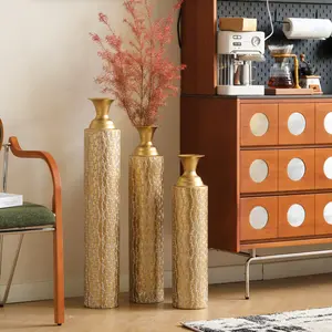 Metal decorative vases High distress metal center vases with growing vine patterns, set of 3 vases for home decoration 34 ", 29 ", 25 "H, gold