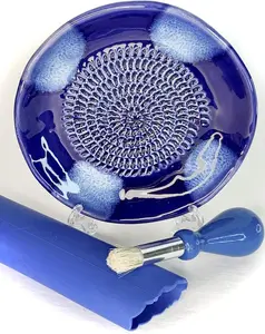 Garlic Grater Plate Set - 4pcs Stoneware Ceramic Grater Plate, Garlic Peeler, Gathering Brush & Display Stand - Blue Glazed Design - Kitchen, Utensils