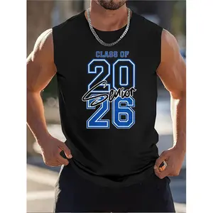 Graduation Tank Top for Men Class of 2026 Heavyweight Polyester Sleeveless Shirt with Blue and White Lettering Muscle Fit Suitable for Proms Gym and Parties