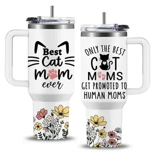 Cat Mom 40oz Stainless Steel Insulated Tumbler with Handle & Straw – Gift for Mom, Cat Lover Drinkware