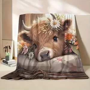 Cute Floral Highland Cow Flannel Blanket, Ultra-Soft Plush Throw with Watercolor Cow & Daisy Print, Cozy Warm Fleece Blanket for Couch Bed Sofa, Perfect Farmhouse Home Decor & Gift for Animal Lovers, All-Season Comfort
