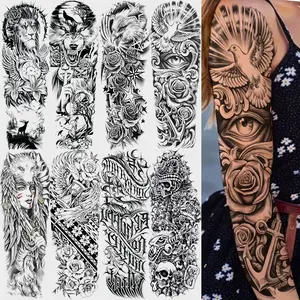 8-Piece Temporary Tattoo Set, Wolf Eagle Skull Rose Designs, Waterproof Tribal Maori Warrior Art Stickers for Men Women