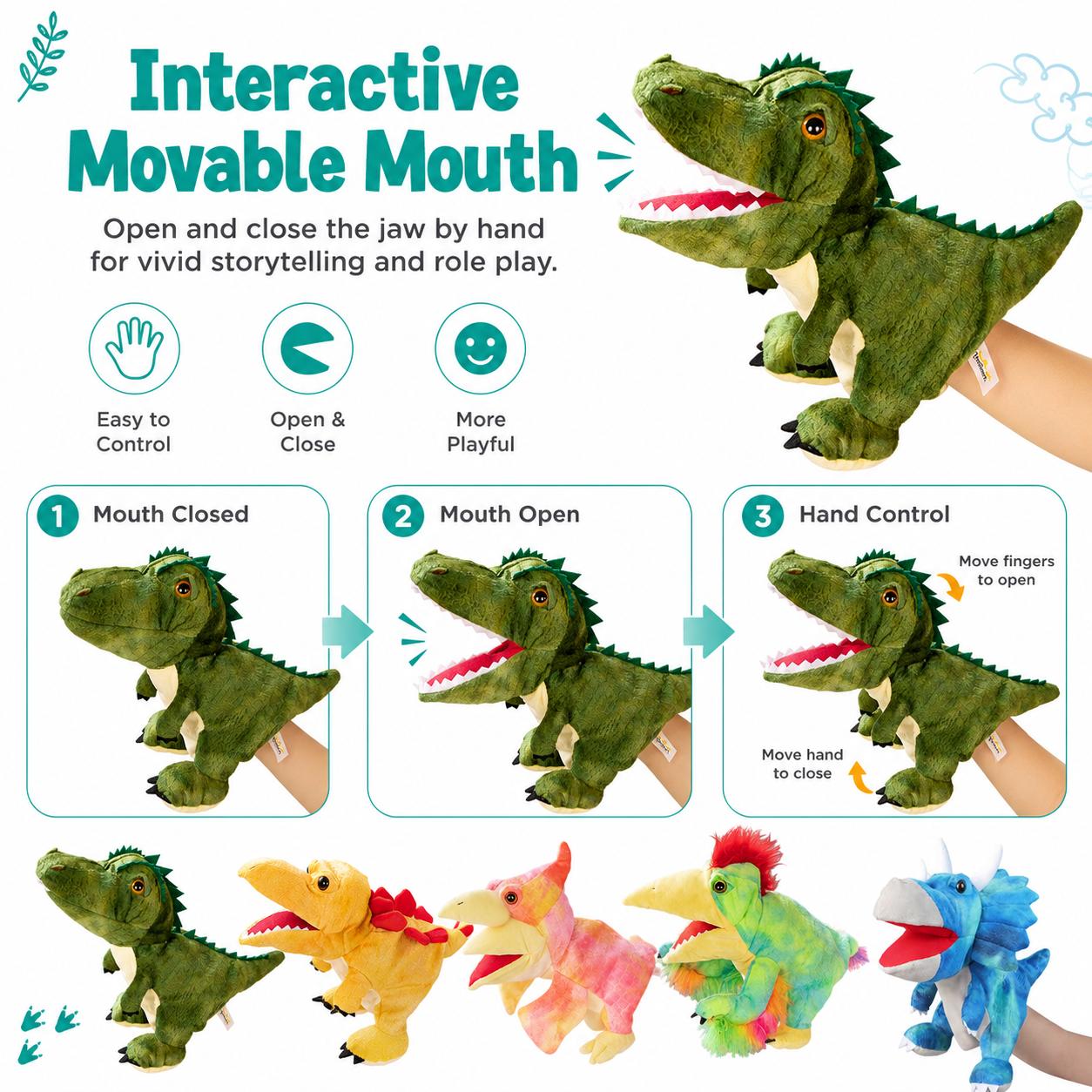 5 Styles Dinosaur Hand Puppet Soft Plush Dino Toy for Kids Storytelling, Role Play, Family Playtime and Classroom Activities