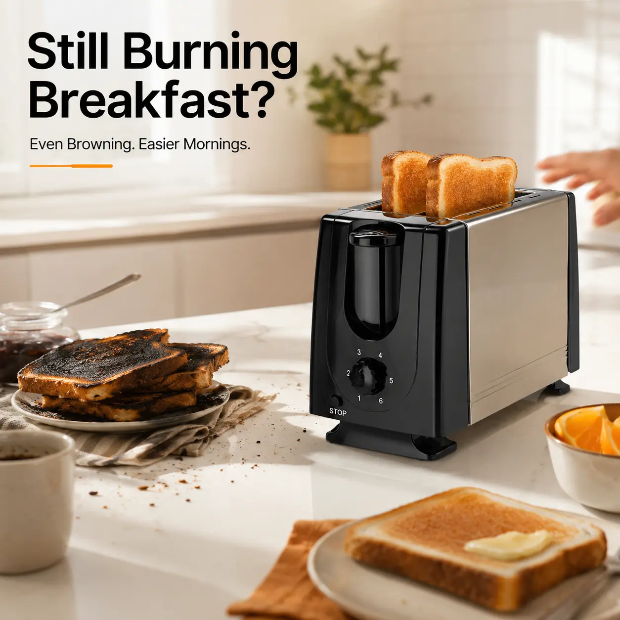2-Slice Compact Stainless Steel Bread Toaster - Countertop Kitchen Appliance, 6 Browning Settings, Automatic Pop-Up, Easy-Clean Design for Home Cooking, Festive Party Gifts