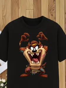 Men's Plus Size Cartoon Taz Graphic Tee Stylish Black Short Sleeve Crewneck Shirt Featuring Aggressive Tasmanian Devil Design Perfect for Casual Wear or Gifts - Cotton