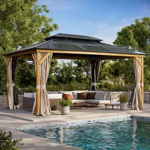 16 Ft. W X 12 Ft. D Hardtop Gazebo, Solid Wood Frame Permanent Pavilion with Curtains and Netting, Outdoor Double Roof Canopy, Designed for Garden, Lawns, Patio