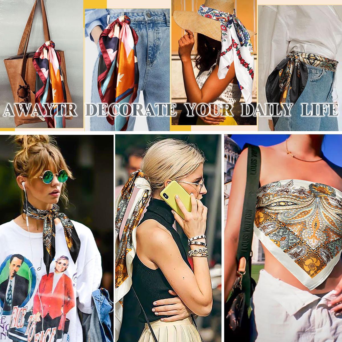 AWAYTR 35” Silk Like Square Headscarf 4Pcs Large Bandana Head Kerchief Fashion Pattern Hair Scarves for Women Head Wrap AWAYTR 35” Silk Like Square Headscarf 4Pcs Large Bandana Head Kerchief Fashion Pattern Hair Scarves for Women Head Wrap