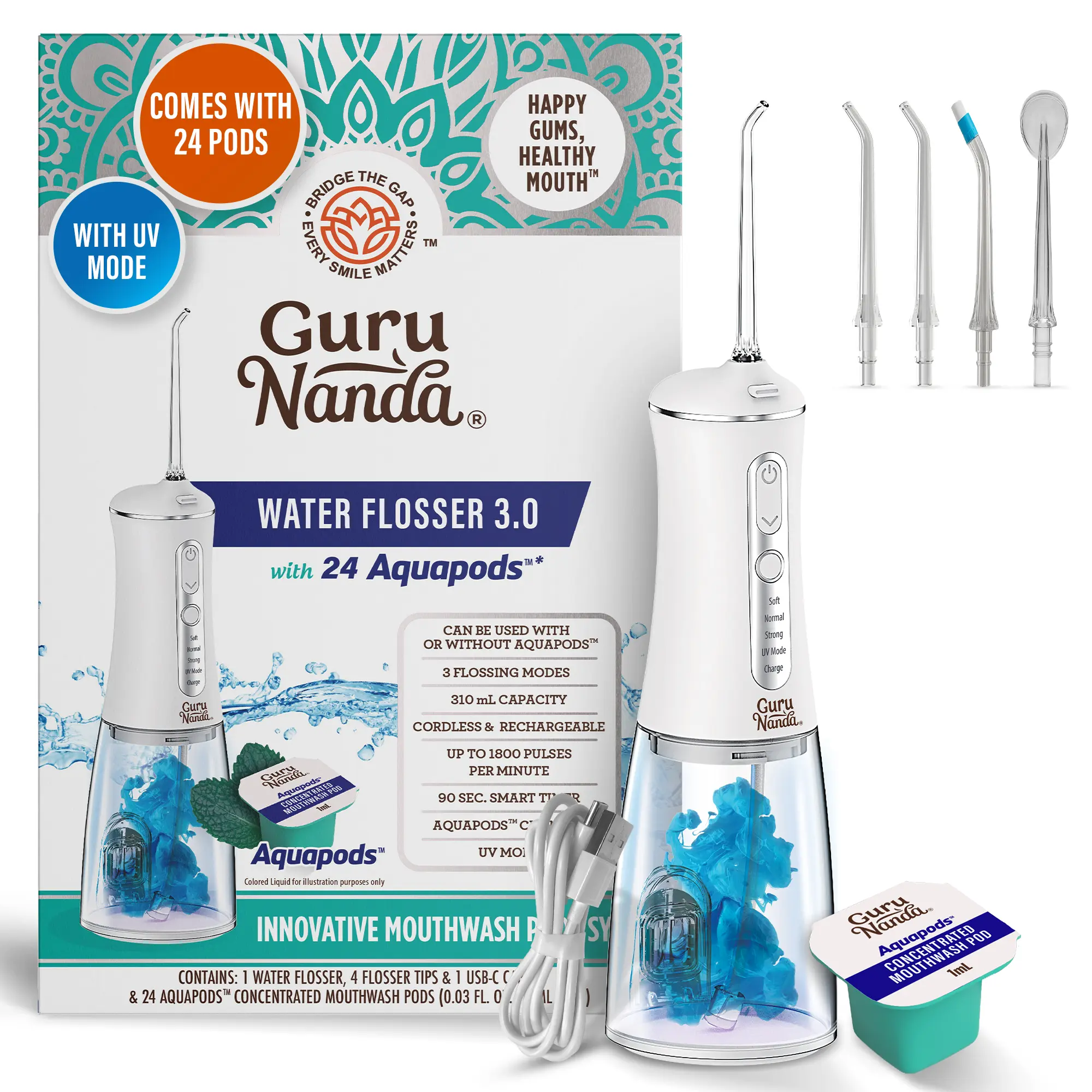 GuruNanda Advanced Dental Water Flosser 3.0 with UV Mode Water Flosser & 24 Aquapods with Mouthwash for Fresh Breath & Plaque Removal, Compact & TSA-Approved GuruNanda Advanced Dental Water Flosser 3.0 with UV Mode Water Flosser & 24 Aquapods with Mouthwash for Fresh Breath & Plaque Removal, Compact & TSA-Approved