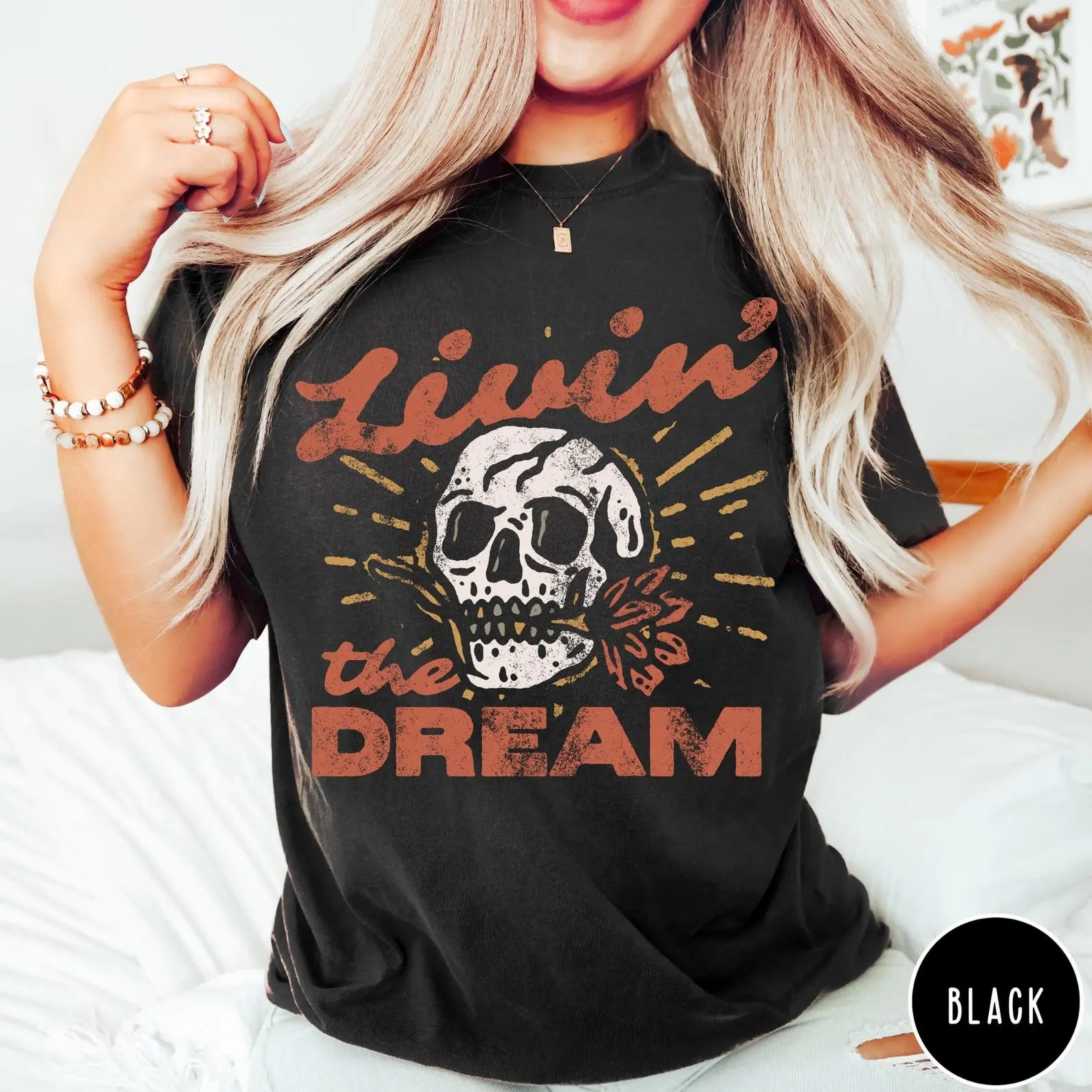 Women's "Livin' the Dream" Graphic T-Shirt - Short Sleeve Fitted Style 100% Cotton Casual Printed Top for Summer Outfits, Shortsleeve, Comfy, Fabric, Ladies, Tshirt, Girl, Digital Print, Fitted Cut, Full Print