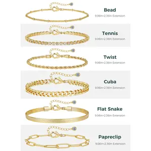 6Pcs Gold Ankle Bracelets for Women, 14K Gold Anklets, Waterproof Cuba Anklets Set, 9.06In