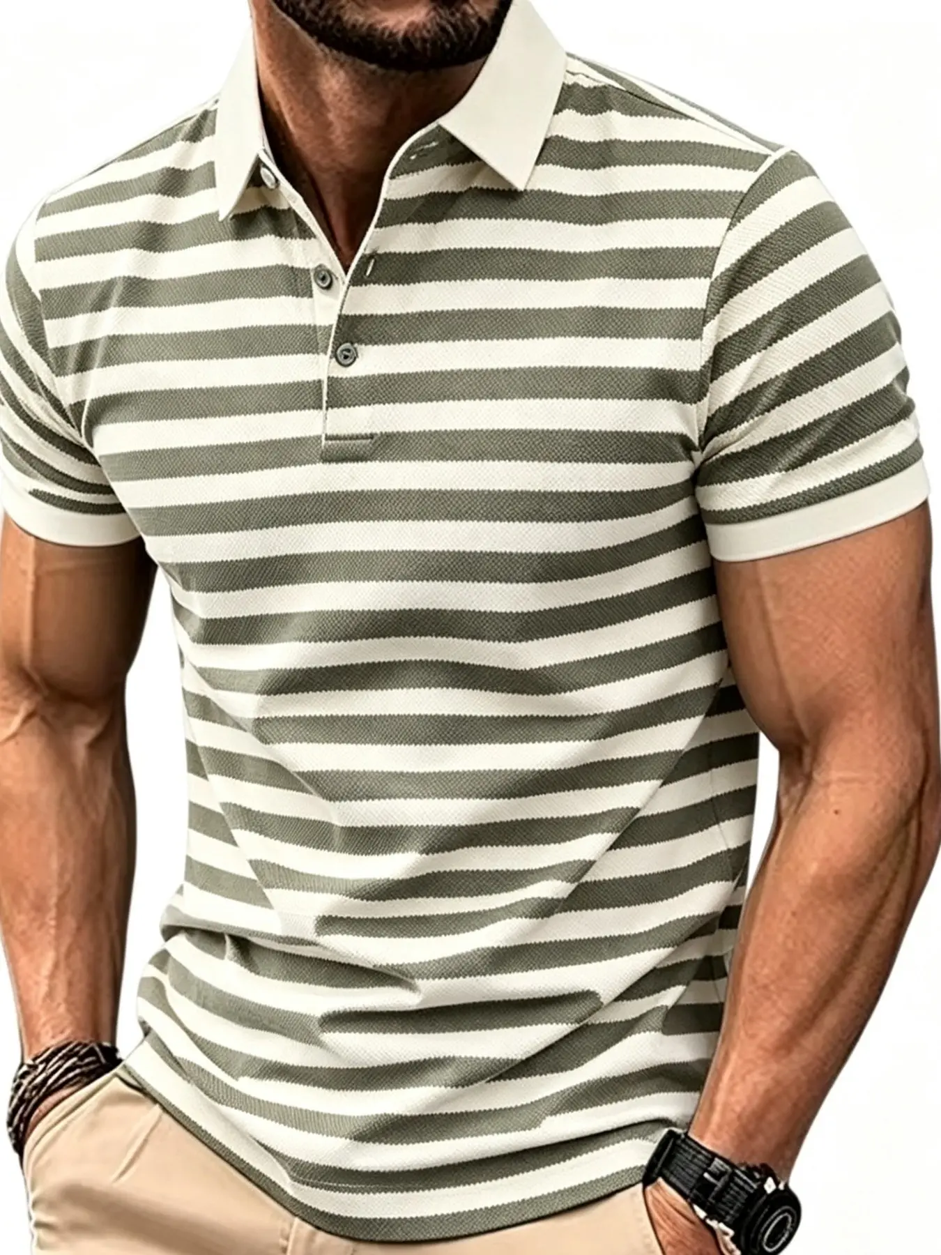 Men's Knitted Striped Short Sleeve Shirt, Casual Apparel, Menswear Top, Boho Style, Loose-Fitting, Button Front, Ideal for Daily Wear, Travel, Gift for Husband or Boyfriend