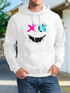 Men's Regular Fit Smile Face Print Drop Shoulder Hoodie, Fashion Casual Drawstring Pocket Hooded Sweatshirt for Daily Holiday Outdoor Wear, Casual Men Clothes for All Seasons