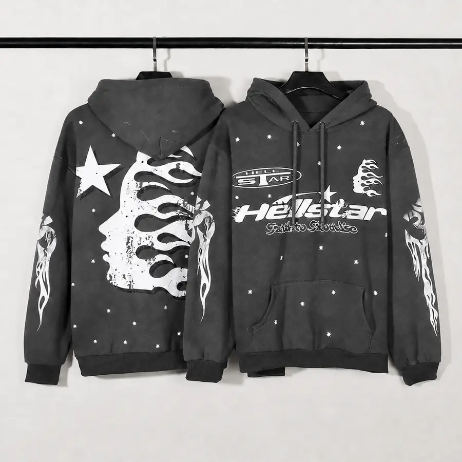 Hellstar Path to Paradise Hoodie, Distressed Flame Face Graphic Pullover, Front Back Y2K Cosmic Streetwear Gift
