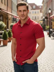 Men's Solid Color Short Sleeve Casual Shirt for Daliy Wear, Contrast Button Design, Wrinkle-Resistant Elastic Fabric, Business Casual, Daily Wear