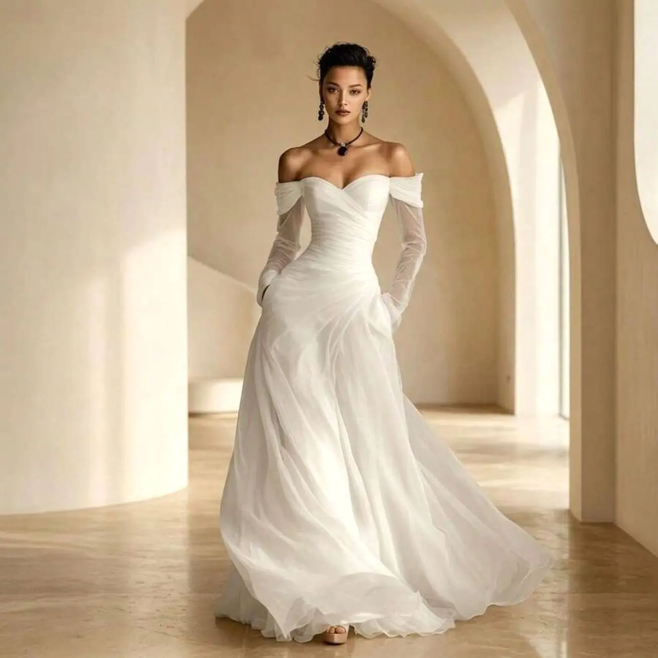 Off-Shoulder Sheer Long Sleeve Wedding Dress, Sweetheart Neck Fitted Ruched Gown, Elegant Formal Party Dress